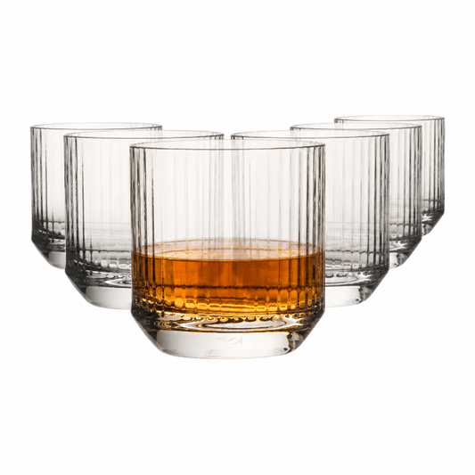 Set of six Big Top DOF whisky tumblers by Glassware UK, 320ml glasses filled with whisky, front view showing clear glass design.