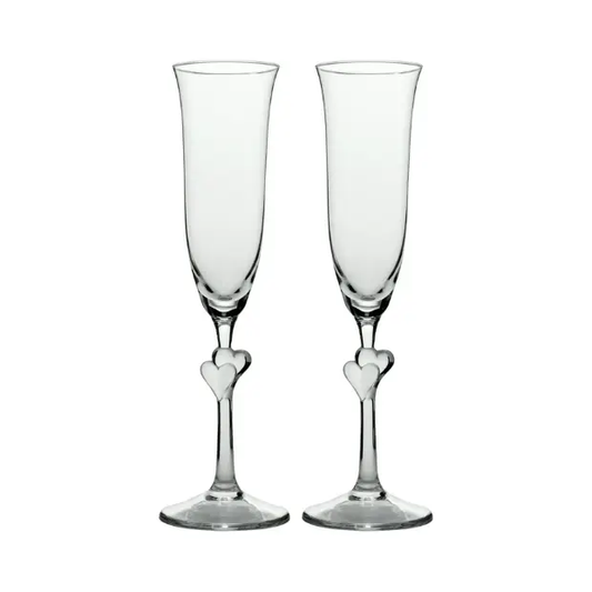 Set of two Stolzle Lausitz L'Amour clear heart-shaped champagne flutes with frosted heart design, in a gift box.