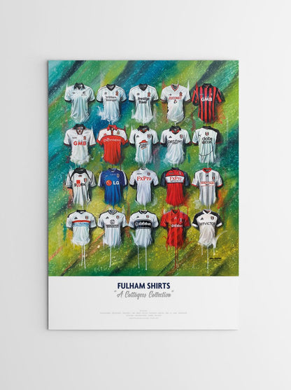 Signed limited edition print of Fulham FC shirts by Terry Kneeshaw Art, featuring detailed artwork of the football jerseys.