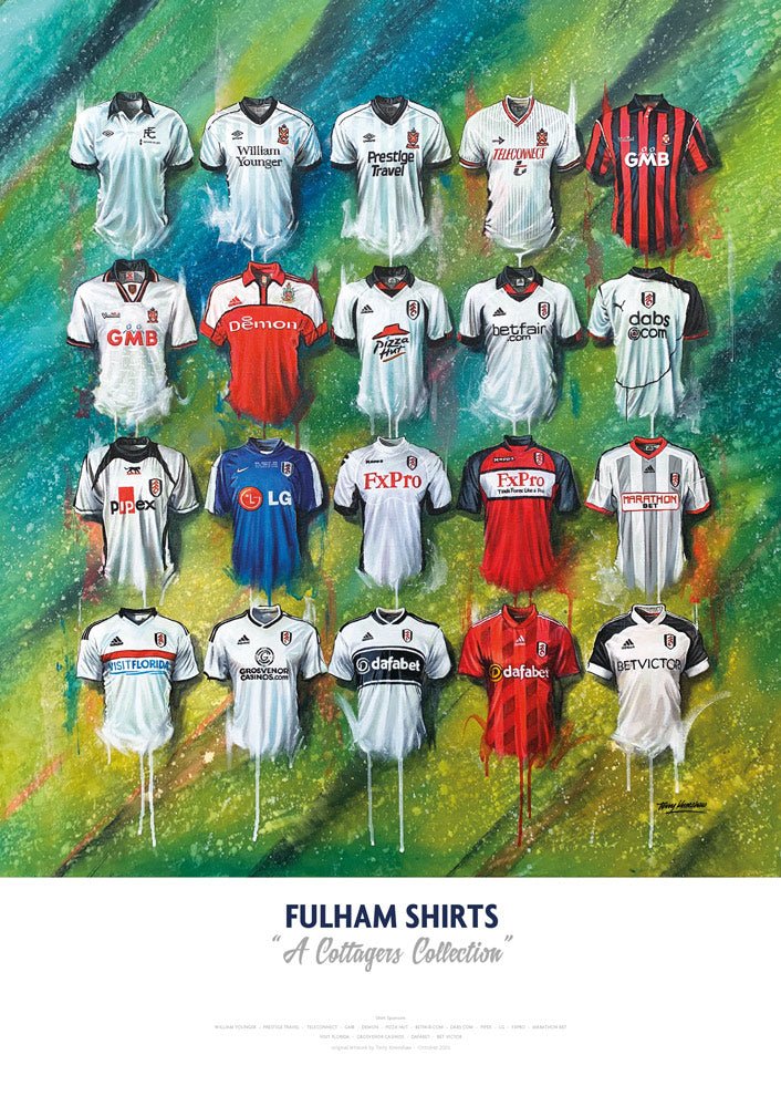 Signed limited edition Fulham FC shirts art print by Terry Kneeshaw, featuring iconic football memorabilia and detailed design.