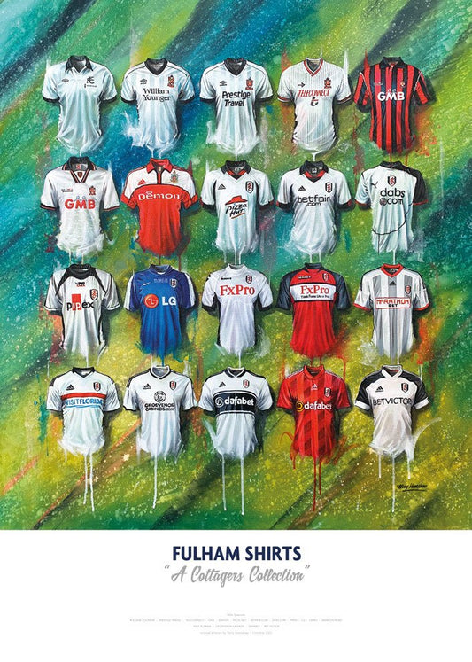 Signed limited edition Fulham FC shirts art print by Terry Kneeshaw, featuring iconic football memorabilia and detailed design.