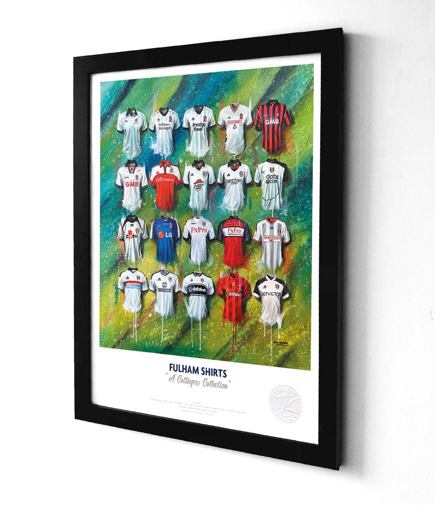Limited edition Fulham FC A3 framed print featuring iconic Cottagers shirt wall art by Terry Kneeshaw Art.
