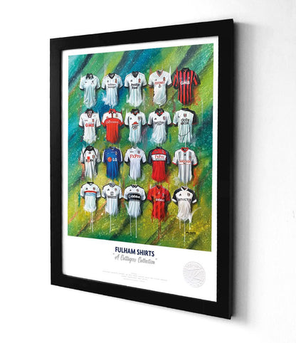 Limited edition Fulham FC A3 framed print featuring iconic Cottagers shirt wall art by Terry Kneeshaw Art.