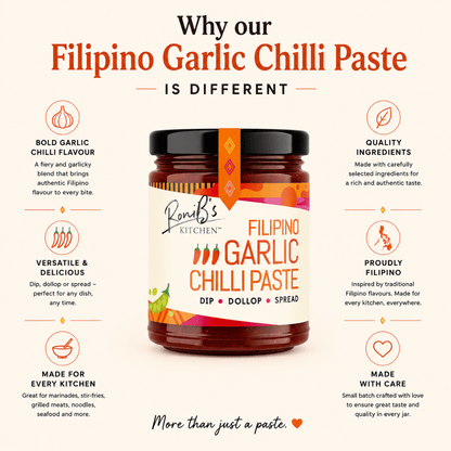 Bottle of RoniBs Kitchen Filipino garlic chili paste with Scotch Bonnets, medium heat, vegan hot sauce on a clean background.