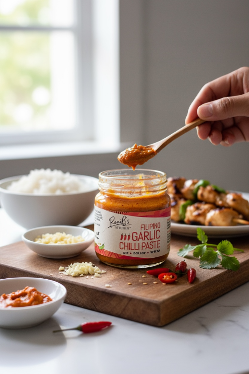 RoniBs Kitchen Filipino garlic chilli paste with Scotch Bonnets, medium heat hot sauce, surrounded by food ingredients.