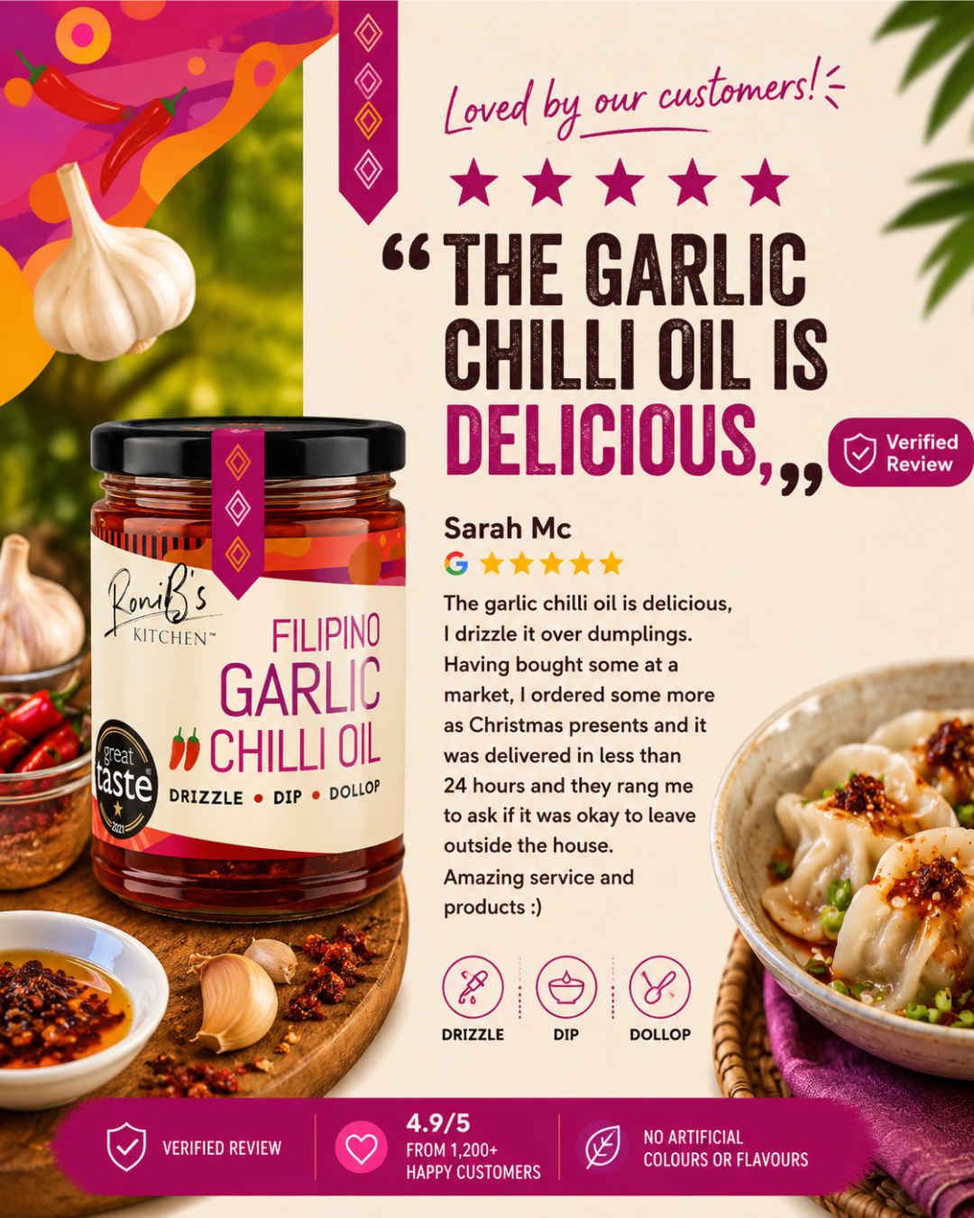 Filipino-style garlic chili hot sauce by RoniBs Kitchen, Great Taste Award winner, showing a vibrant bottle of spicy chili garlic oil.