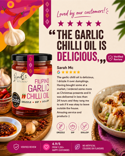 Filipino-style garlic chili hot sauce by RoniBs Kitchen, Great Taste Award winner, showing a vibrant bottle of spicy chili garlic oil.