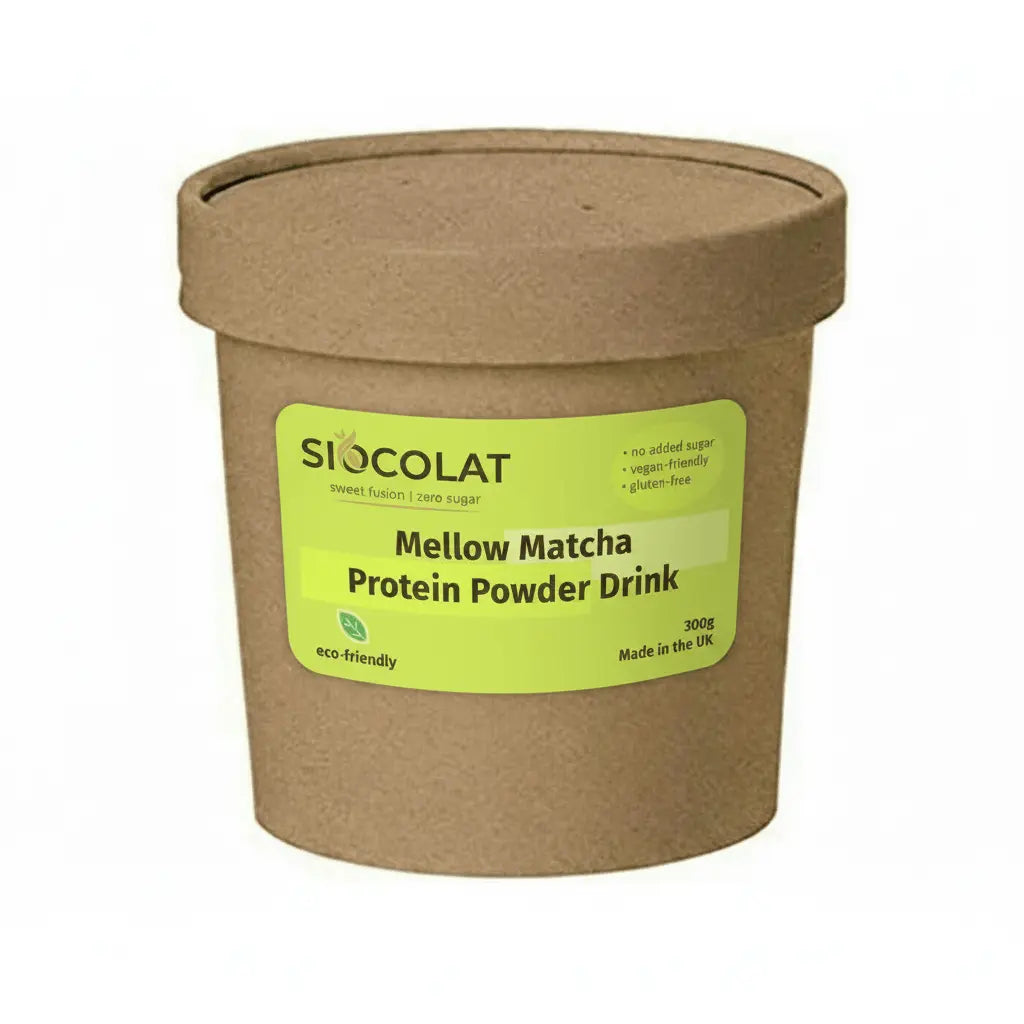 Siocolat Mellow Matcha Protein Powder Drink in 300g container, showcasing the vibrant green powder and packaging.