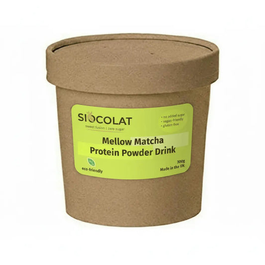 Siocolat Mellow Matcha Protein Powder Drink in 300g container, showcasing the vibrant green powder and packaging.
