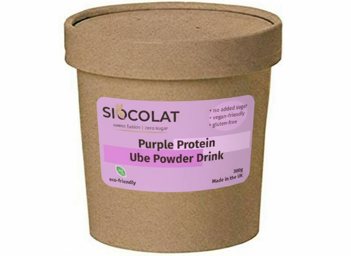 Purple Ube Protein Powder Drink by Siocolat in a 300g container, showing the vibrant purple powder and packaging.