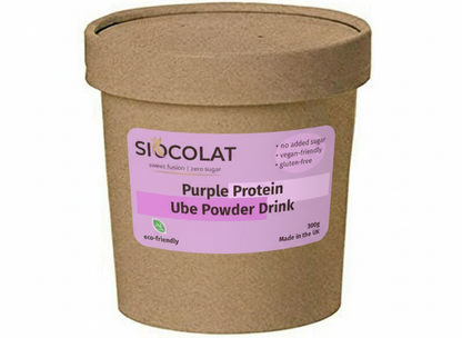 Purple Ube Protein Powder Drink by Siocolat in a 300g container, showing the vibrant purple powder and packaging.