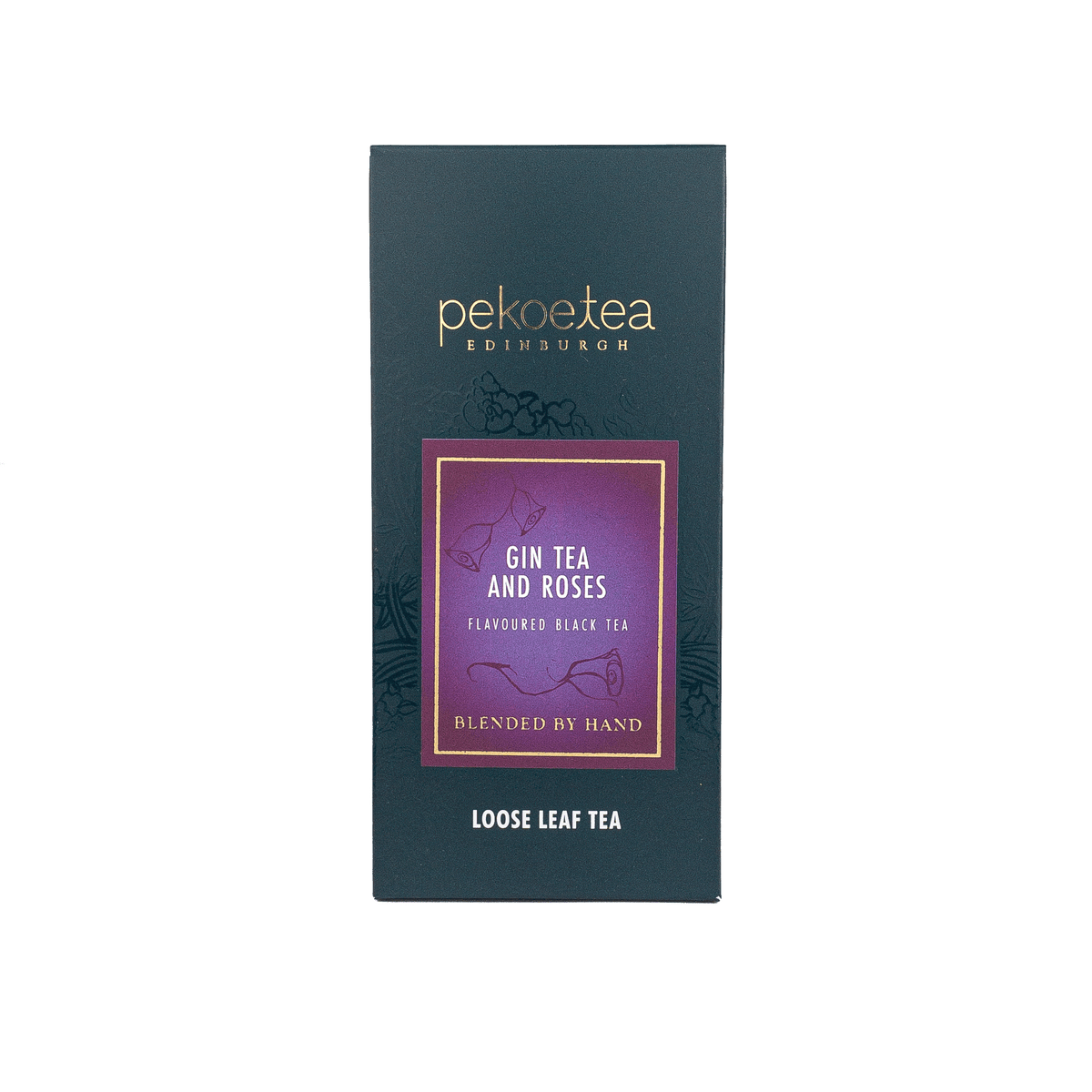 PekoeTea Edinburgh Gin Tea box featuring elegant packaging with a tea-infused blend of gin, tea, and roses in a decorative box.