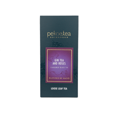 PekoeTea Edinburgh Gin Tea box featuring elegant packaging with a tea-infused blend of gin, tea, and roses in a decorative box.