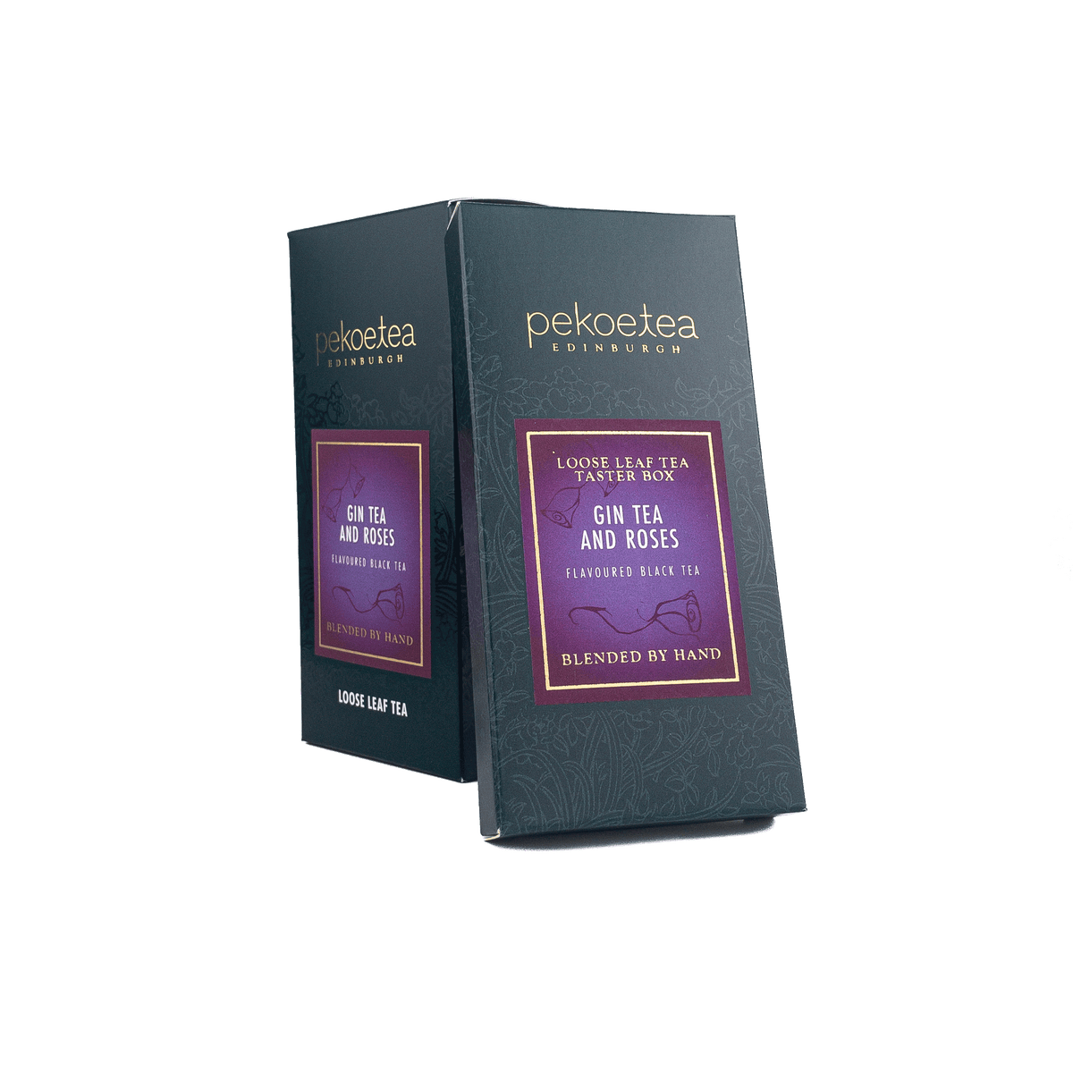 Box of PekoeTea Edinburgh Gin Tea and Roses flavored tea with a floral and herbal blend in a decorative tin packaging.