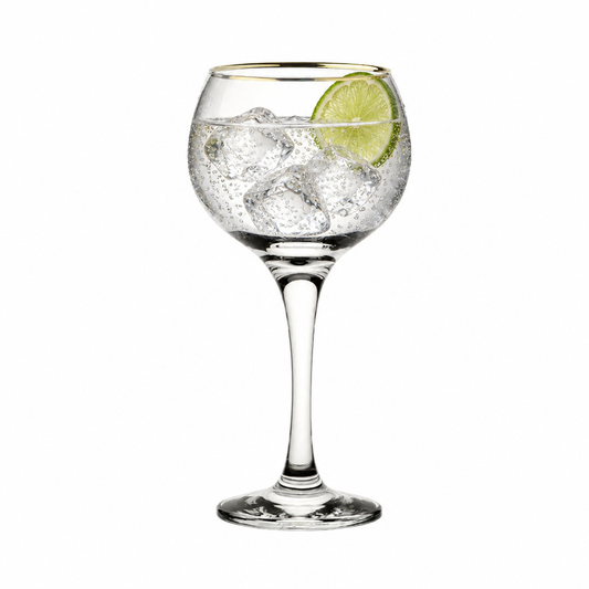 Glassware UK Ambassador gold rimmed gin glass filled with gin and tonic, showcasing elegant 560ml design and gold accents.
