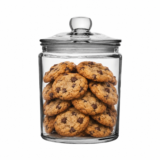 Glassware UK Biscotti glass jar filled with cookies, 1.9L container for storing baked goods, clear glass with a lid.