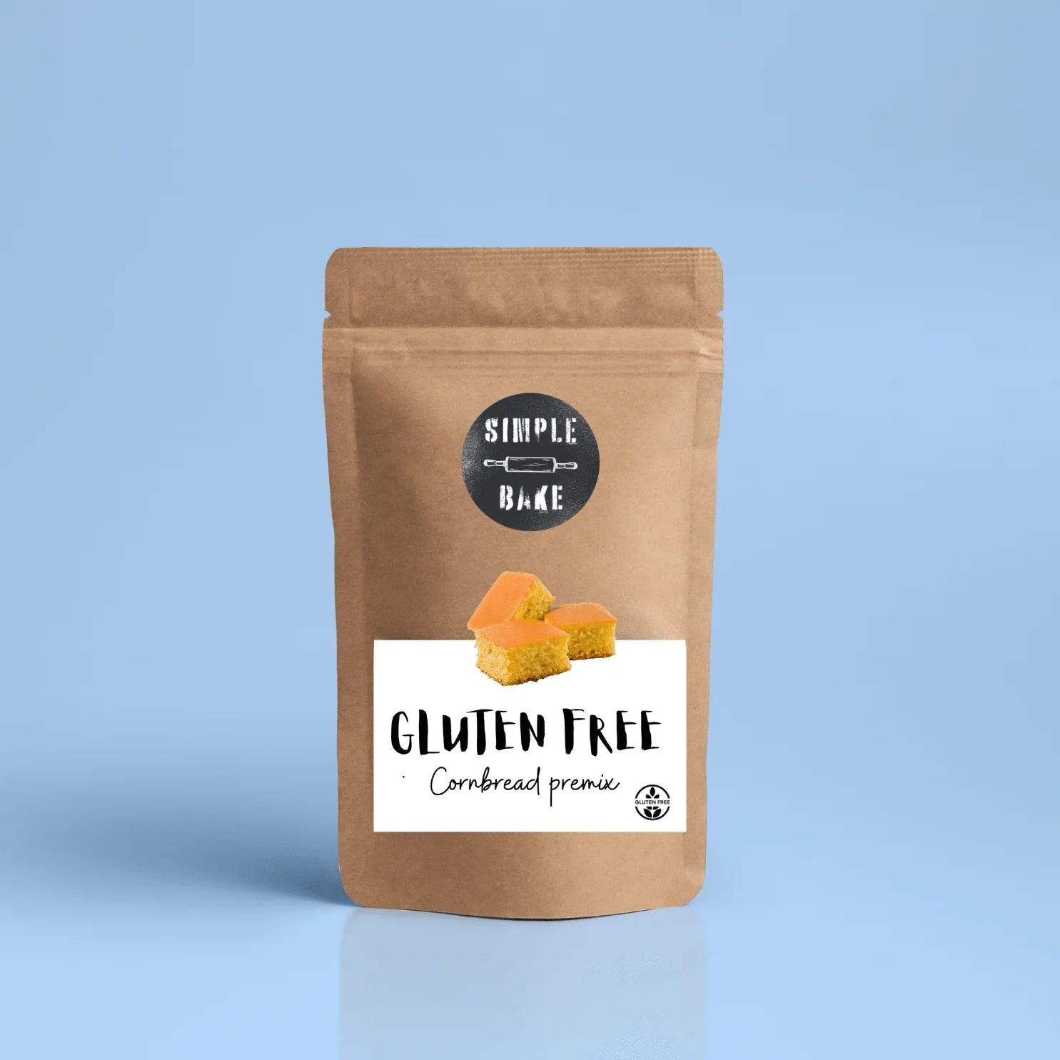 Box of Simple Bake gluten-free cornbread premix with mixing instructions and ingredients on the packaging.