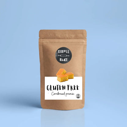 Box of Simple Bake gluten-free cornbread premix with mixing instructions and ingredients on the packaging.