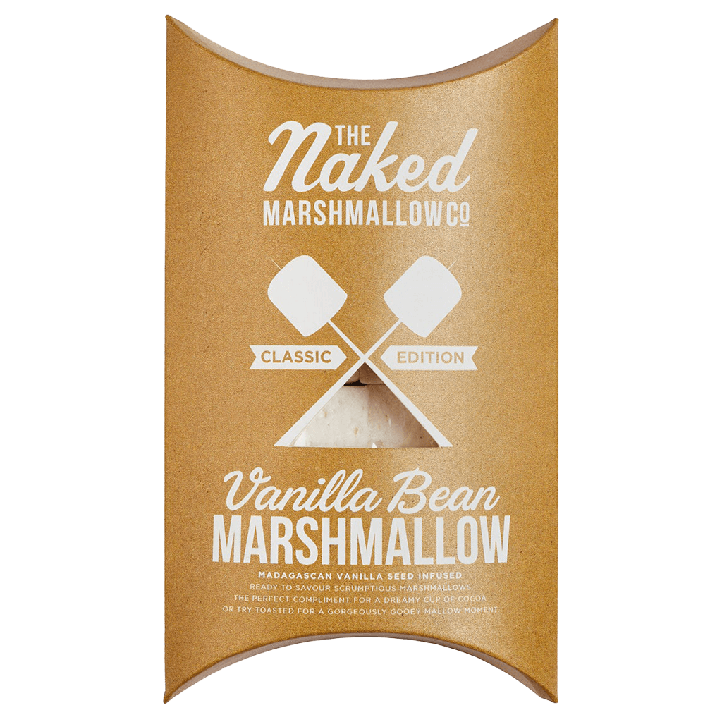 Gourmet vanilla bean marshmallows from THE MARSHMALLOW FACTORY, soft and fluffy with visible vanilla bean specks.