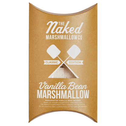 Gourmet vanilla bean marshmallows from THE MARSHMALLOW FACTORY, soft and fluffy with visible vanilla bean specks.