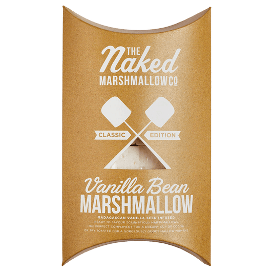 Gourmet vanilla bean marshmallows by THE MARSHMALLOW FACTORY, showcasing soft, white marshmallows with vanilla bean specks.
