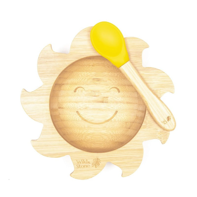 Baby Bamboo Weaning Bowl Set by Wild And Stone, featuring colorful bowls with sunshine and cloud designs for babies.