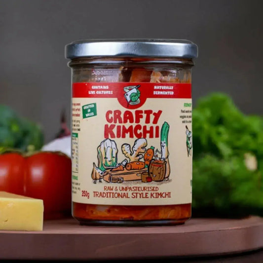 Fermented Crafty Kimchi by Crafty Pickle Co. in a 350g jar featuring vibrant fermented vegetables and spices.