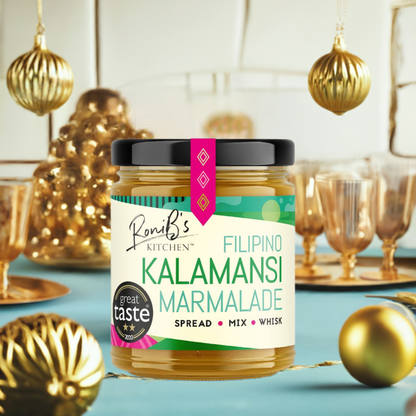 Filipino Kalamansi marmalade with Don Papa rum from RoniBs Kitchen, vegan jam, Great Taste Award winner, showcasing jar with marmalade and label.