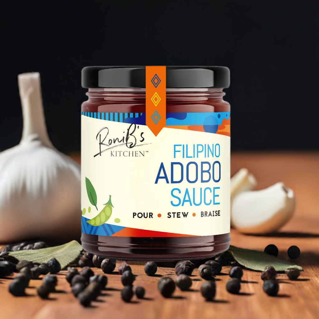 RoniBs Kitchen Filipino Adobo Sauce in a jar, a key condiment with rich, savory flavors from Philippine cuisine.