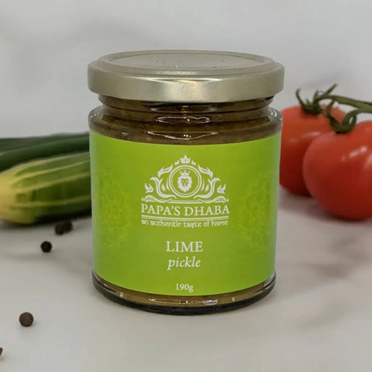 Friars Farm Lime Pickle 200g jar with vibrant green relish, showcasing the spicy, tangy lime relish inside the glass jar.