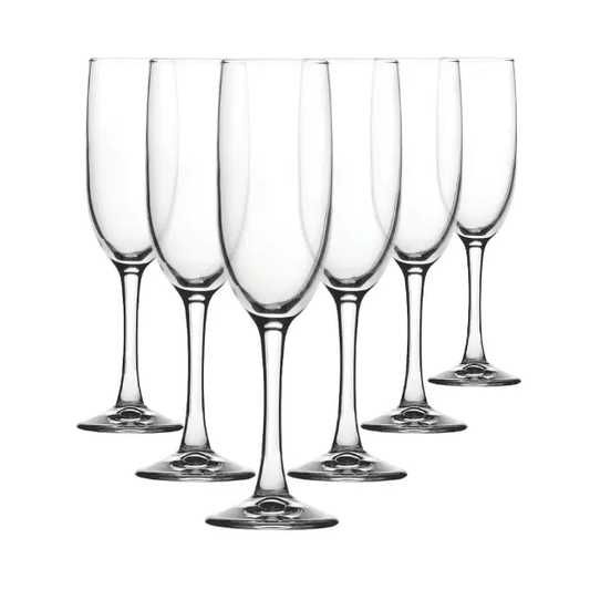 Set of six Glassware UK Imperial Plus Champagne Flutes, 150ml, with clear glass and elegant tall stems for celebrating.