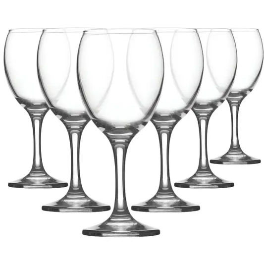 Set of six Imperial Red Wine Glasses by Glassware UK, 250ml capacity, clear glass with elegant bowl and stem design.