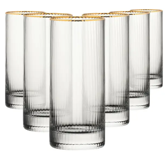 Set of six Glassware UK Hayworth gold rimmed 350ml highball glasses, stylish whisky tumblers with elegant gold accents.