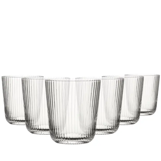 Set of six Glassware UK Hayworth glass tumblers, 360ml whisky tumblers with clear glass and simple design.