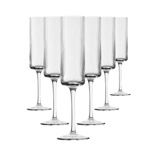 Set of six Glassware UK Hayworth Champagne Flutes, 250ml, clear glass with elegant tapered design for sparkling wine.