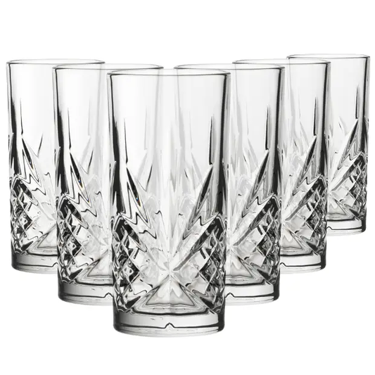 Set of six Symphony 300ml whisky tumblers by Glassware UK, clear glass drink glasses with smooth rounded rims.