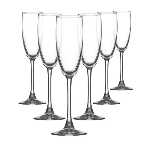 Set of six Glassware UK Enoteca Champagne Flutes, 170ml, with tall stems and clear glass, perfect for sparkling wine.