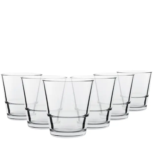 Set of six Glassware UK Grande Rocks Glasses, 410ml whisky tumblers with clear glass design, perfect for serving spirits and cocktails.