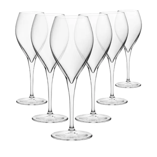 Set of six Monte Carlo wine glasses by Glassware UK, 450ml capacity, clear glass with elegant bowl and stem design.