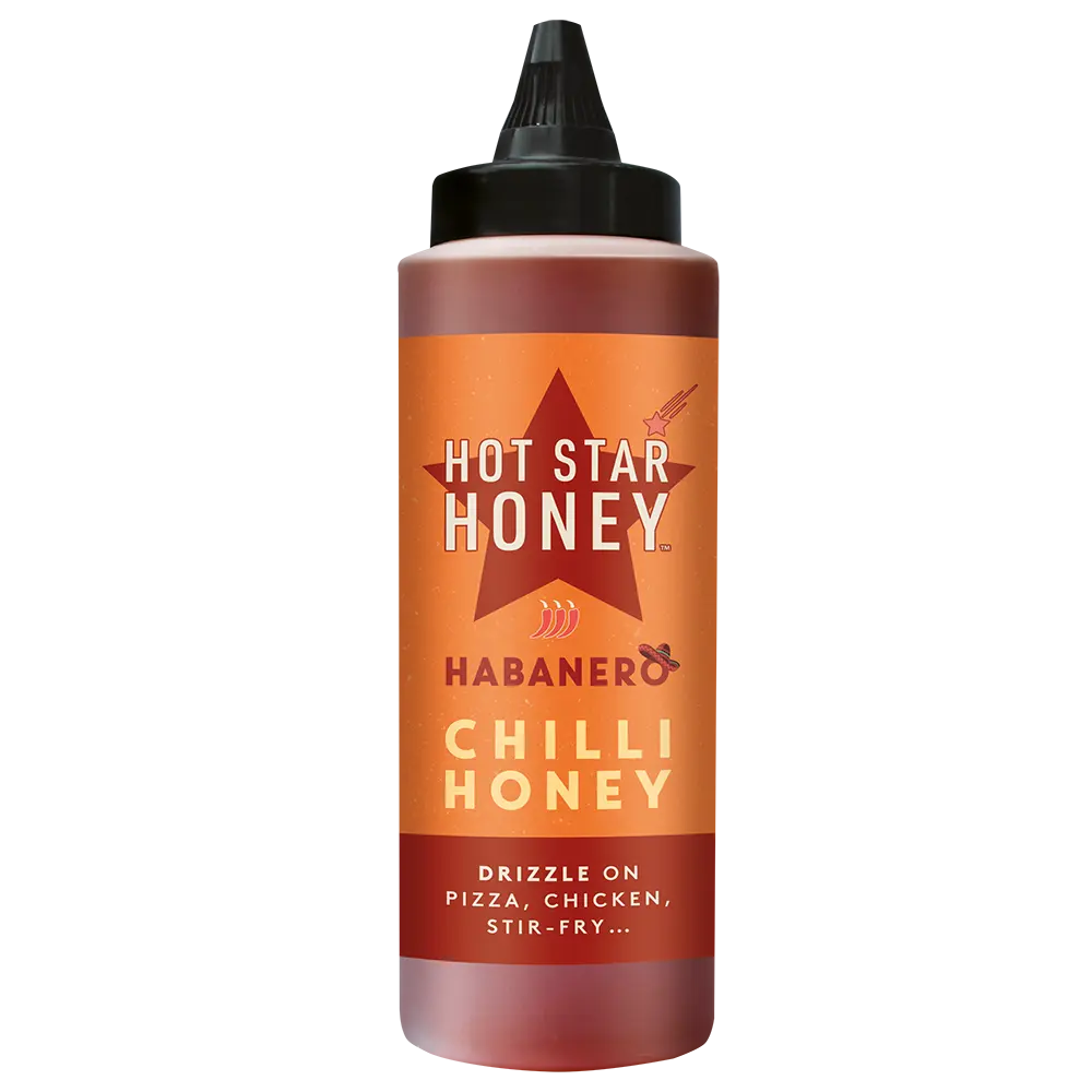 Bottle of Hot Star Honey Habanero Hot Chili Honey with vibrant orange habanero peppers and golden honey inside