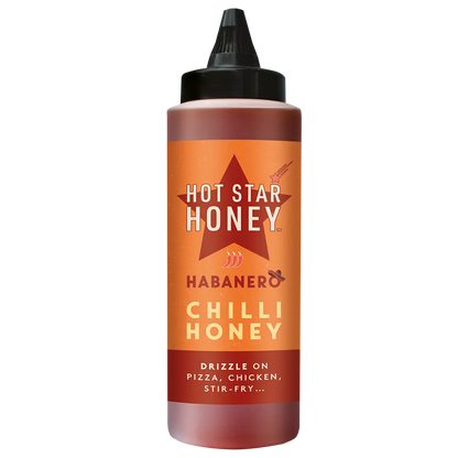 Bottle of Hot Star Honey Habanero Hot Chili Honey with vibrant orange habanero peppers and golden honey inside