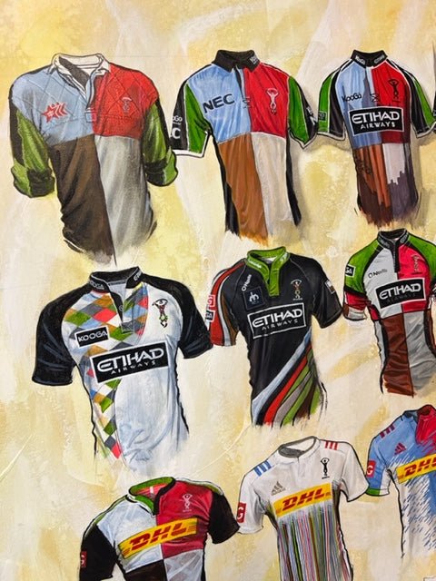 Signed limited edition print of Harlequins shirts artwork by Terry Kneeshaw Art, featuring vibrant, detailed illustrations.