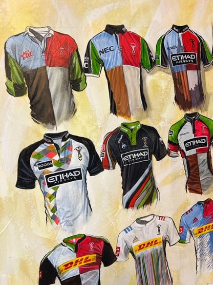 Signed limited edition print of Harlequins shirts artwork by Terry Kneeshaw Art, featuring vibrant, detailed illustrations.