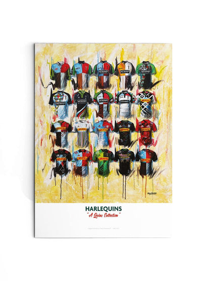 Signed limited edition print of Harlequins shirts by Terry Kneeshaw Art, featuring vibrant, detailed artwork of iconic rugby jerseys.