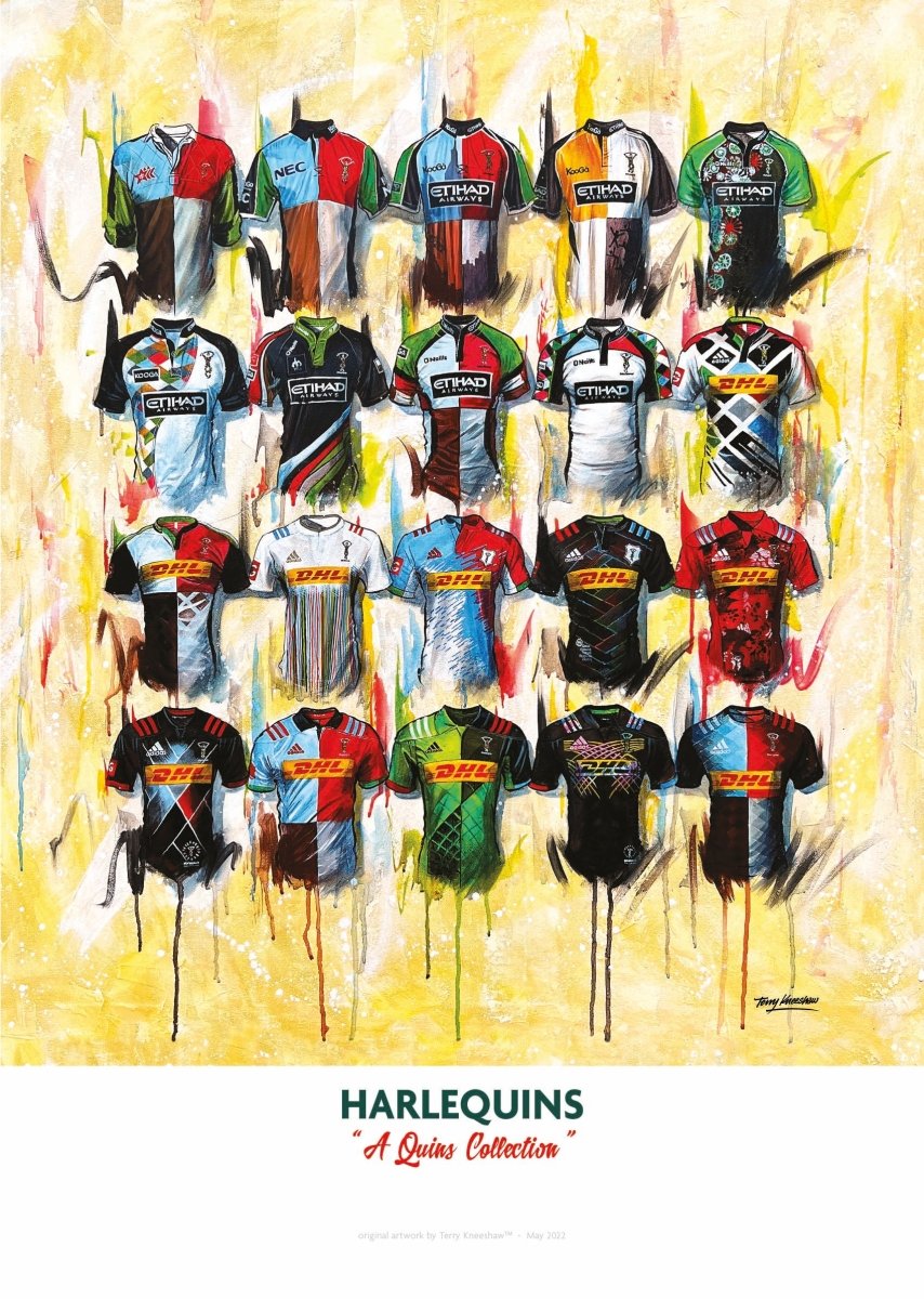 Limited edition signed A2 print of Harlequins shirts by Terry Kneeshaw Art, featuring vibrant, artistic sports-themed design.
