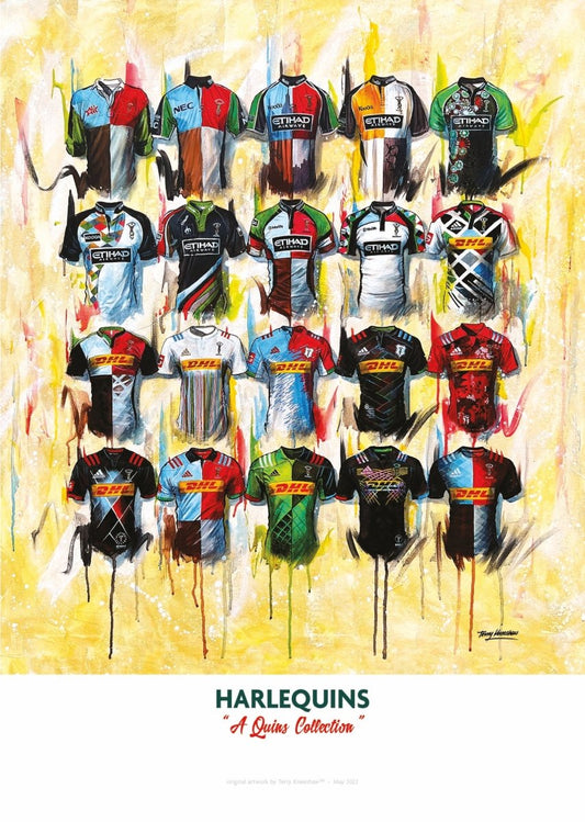 Limited edition signed A2 print of Harlequins shirts by Terry Kneeshaw Art, featuring vibrant, artistic sports-themed design.