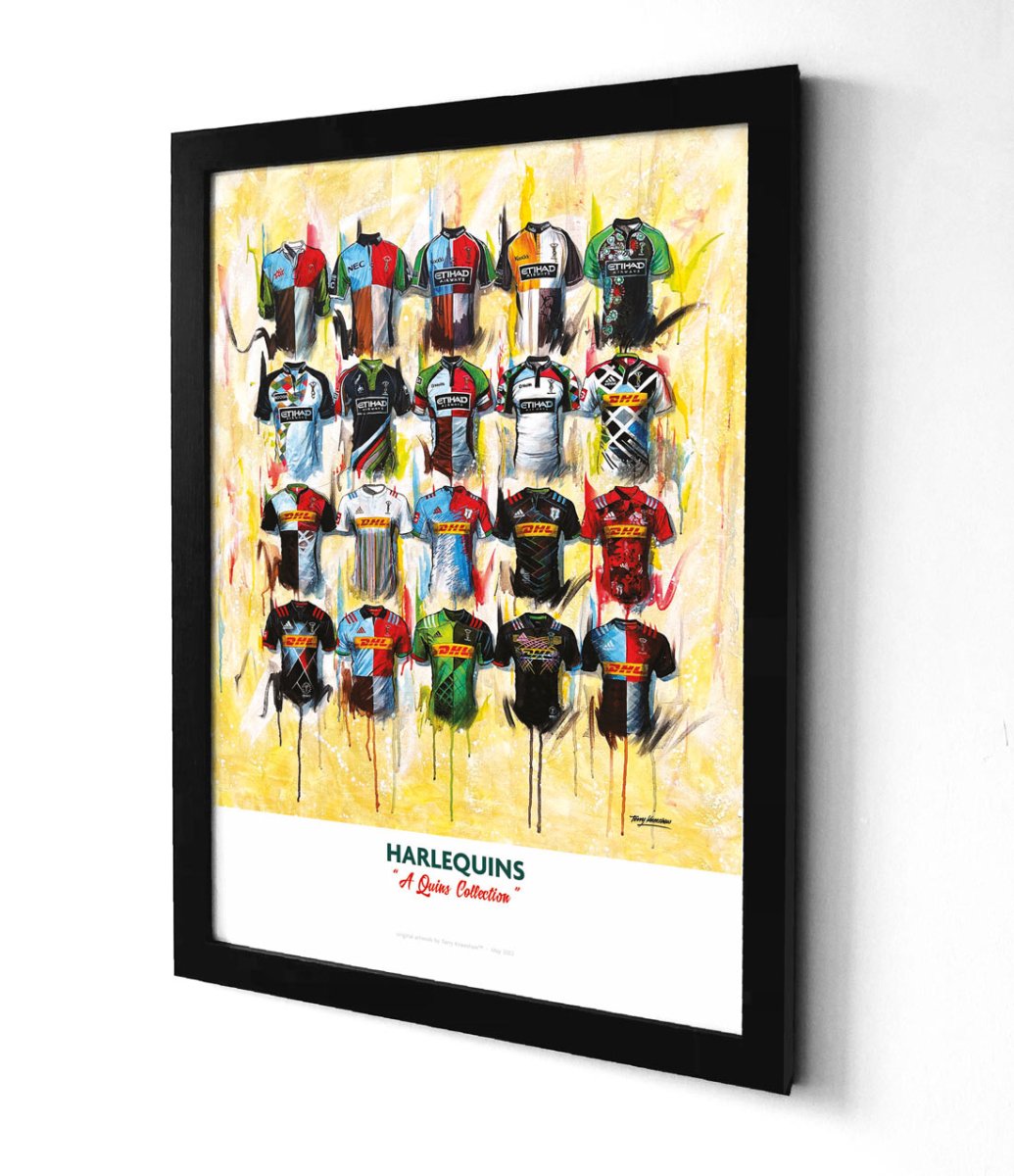 Limited edition signed A2 print of Harlequins shirts by Terry Kneeshaw Art, featuring vibrant, detailed sports artwork.