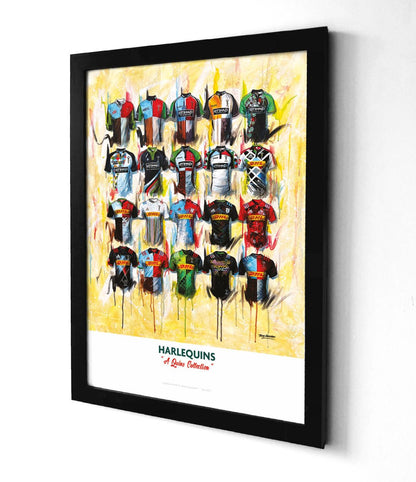Limited edition signed A2 print of Harlequins shirts by Terry Kneeshaw Art, featuring vibrant, detailed sports artwork.