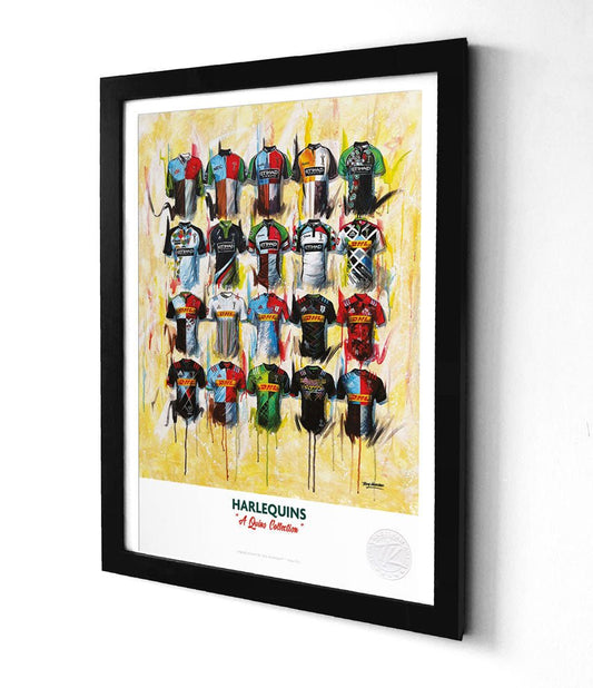 Limited edition A3 framed print of Harlequins rugby shirts by Terry Kneeshaw Art, showcasing iconic rugby wall art.
