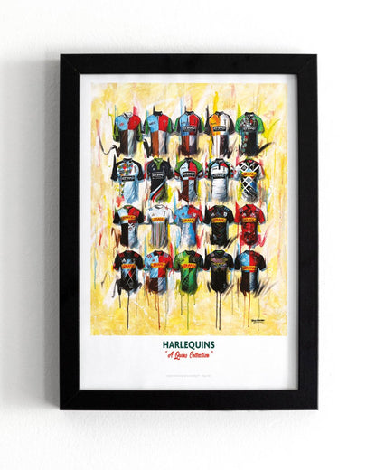 Limited edition Harlequins rugby shirt A3 framed print by Terry Kneeshaw Art, showcasing iconic rugby team wall art.